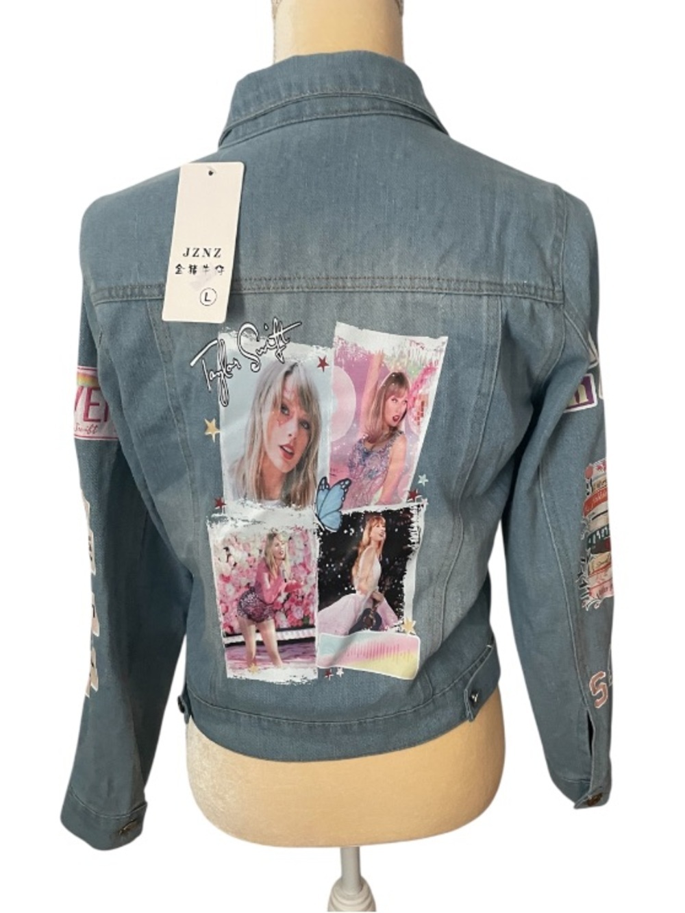 Taylor Swift Denim Jacket NWT Patches Graphic Blue Size L Swiftie - Picture 2 of 7